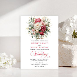 Refined Bohemian Red White Floral Greenery Invite Einladung