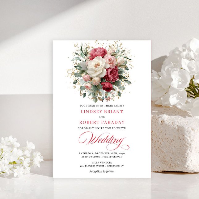 Refined Bohemian Red White Floral Greenery Invite Einladung (Refined Bohemian Red White Floral Greenery Invitation)