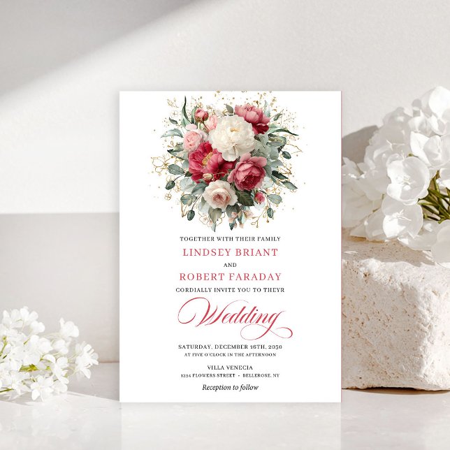 Refined Bohemian Ruby Red White Gold Invitation (Glam Boho Crimson Red Blush Floral Greenery Invite)