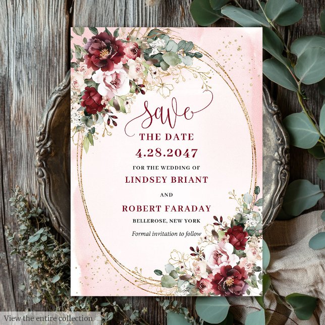 Refined Boho Maroon Blush Gold Floral Save Date Einladung (Refined Boho Maroon Blush Gold Floral Save Date)