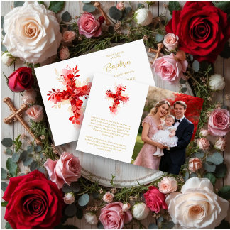 Refined Botanical Cross in Red Tones Photo Baptism Einladung