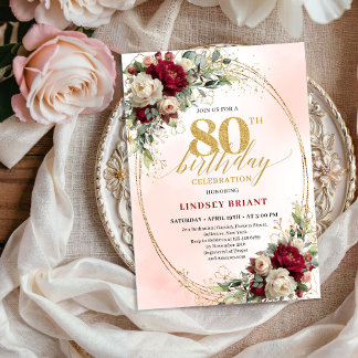 Refined Burgundy Floral Gold 80th Birthday Invite Einladung