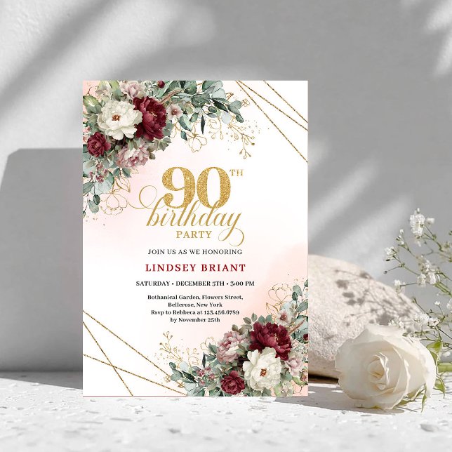 Refined Burgundy Flowers Eucalyptus 90th Birthday Einladung (Refined Burgundy Flowers Eucalyptus 90th Birthday)