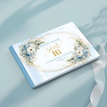 Refined Dusty Blue Floral Gold Sweet 16th Sign In