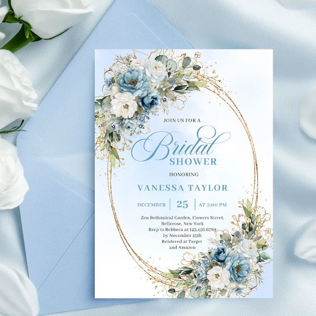 Refined Dusty Blue Gold Frame Bridal Shower Invite Einladung (Refined Dusty Blue Gold Frame Bridal Shower Invitation)