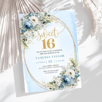 Refined Dusty Blue Greenery Sweet Sixteen Invites Einladung
