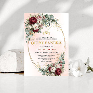 Refined Marsala Floral Gold Quinceañera Invitation Einladung