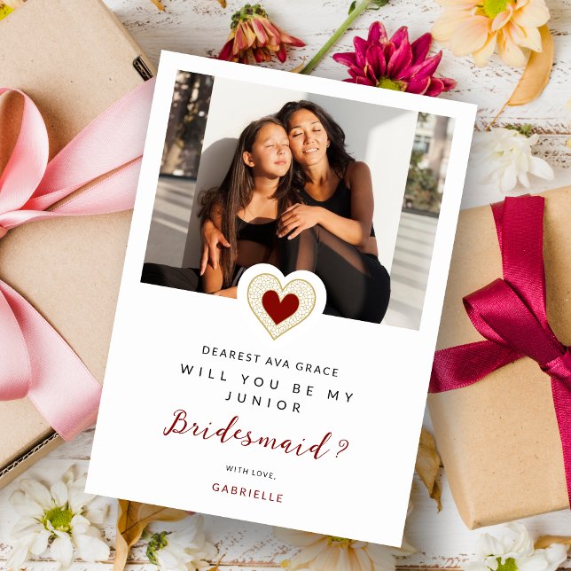 Refined Red Lace Heart Photo Jr Bridesmaid Einladung (Romantic Refined Cute Red Heart Photo Jr Bridesmaid Proposal Card with Envelope.)