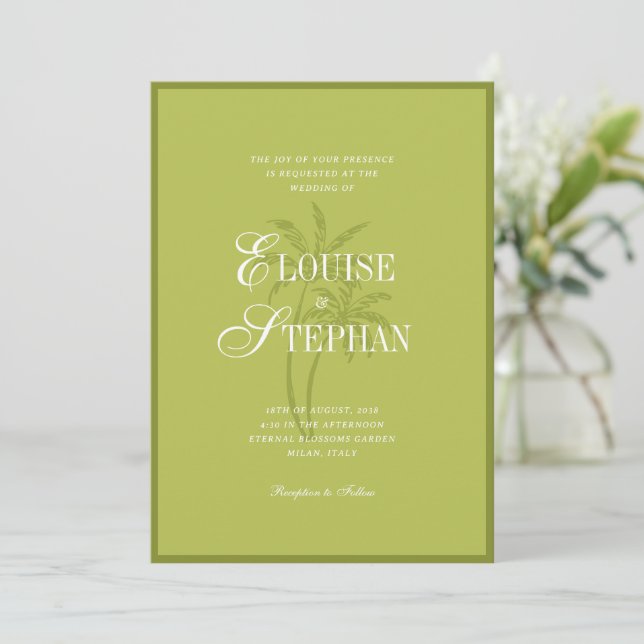Refined Script Palm Tree Chartreuse Beach Wedding Einladung (Stehend Vorderseite)