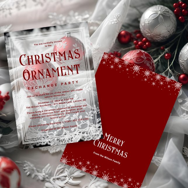 Refined Vellum Grey Shades Red Christmas Ornament Einladung (Refined Vellum Grey Shades & Red Christmas Ornament Exchange Party Invitations Cards.)