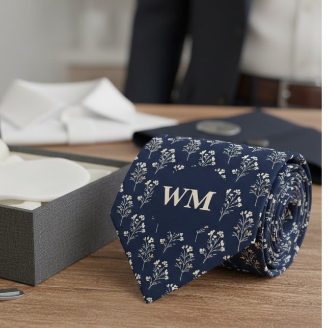 Refined Wildflower Monogram – Men’s Wedding Krawatte (Monogram floral necktie)