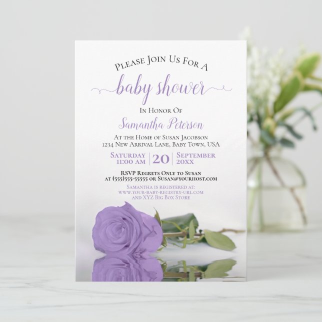 Reflektieren der Lavendel-Rose Elegante Babydusche Einladung (Stehend Vorderseite)