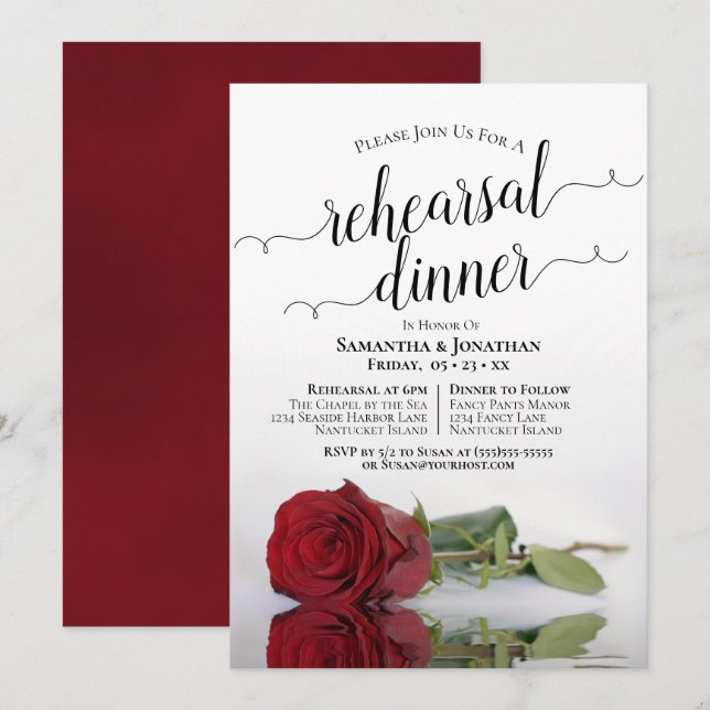 Reflektierende Rote Rose Hochzeit Probe Dinner Einladung (Vorne/Hinten)
