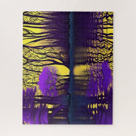 Reflektion der lila und gelben Wälder im Wasser