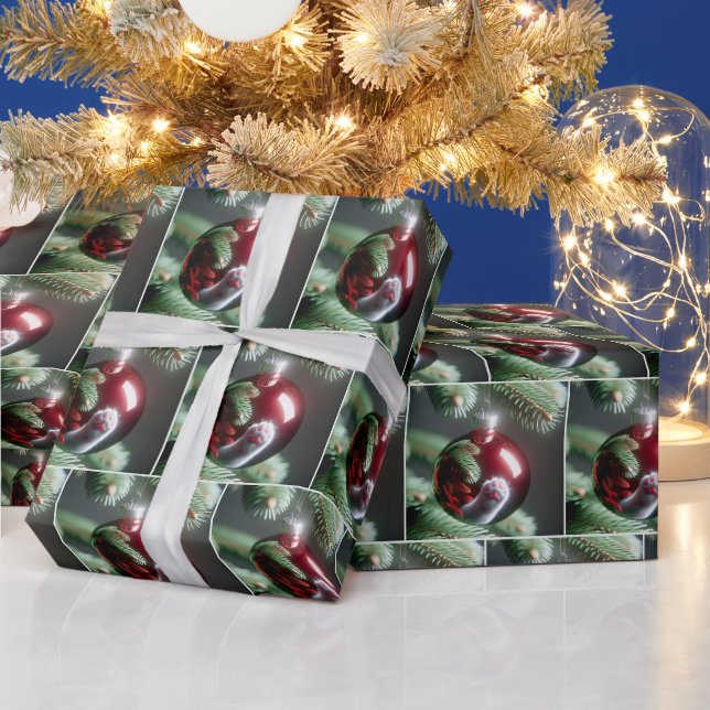 Reflektion der weißen Katze im Roten Ornament Geschenkpapier (Feiertage)