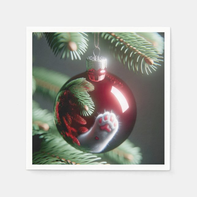 Reflektion der weißen Katze im Roten Ornament Serviette (Vorderseite)