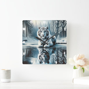 Reflektion des weißen Tigerschnees Quadratische Wanduhr