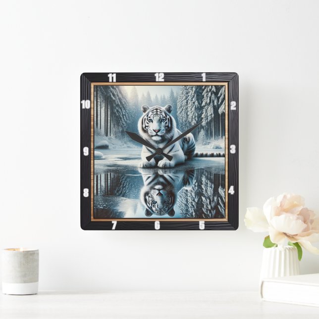 Reflektion des weißen Tigerschnees Quadratische Wanduhr (Zuhause)