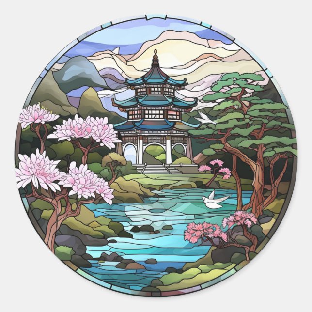 Reflektionen über den Teich: Japanisches Tempelauf Runder Aufkleber (Vorderseite)