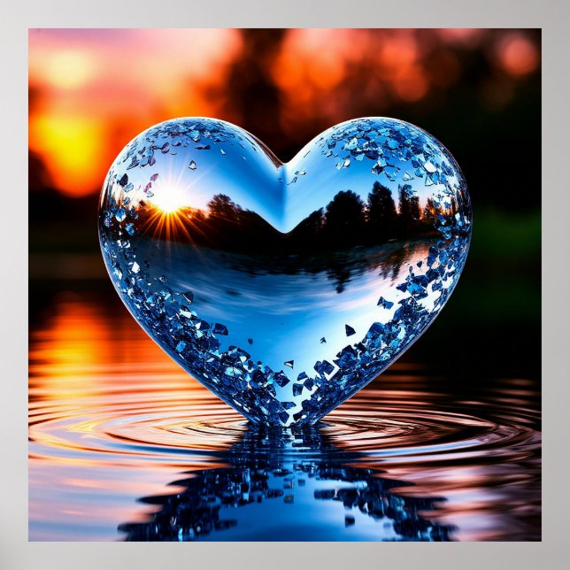 Reflektives blaues Herz in Wasser bei Sonnenunterg Poster (Vorne)