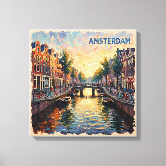 Reflets des canaux dorés d'Amsterdam sur toile (Recto)