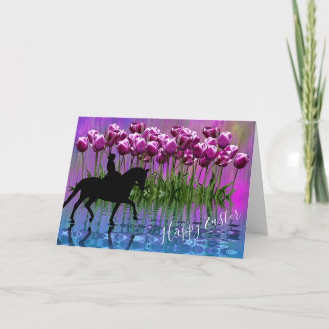 Reflexionen ~ lila Tulpen, Dressage-Pferd Ostern Karte (Vorderseite)