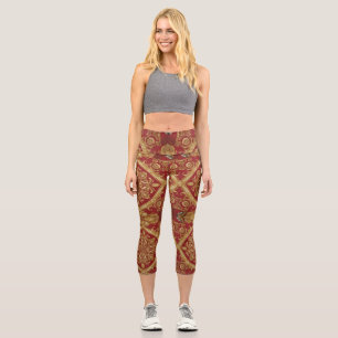 Regal Activewear: Golden Red Ornate Mara Trompete Capri Leggings