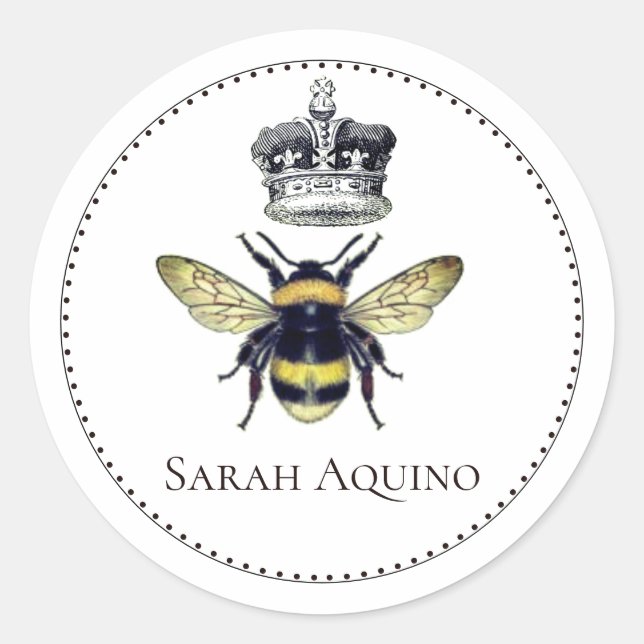 Regal Bee and Crown Individuelle Name Buchzeichen Runder Aufkleber (Vorderseite)
