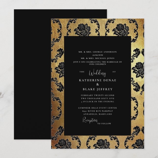 Regal Black & Gold Elegante Beide Eltern Hochzeit Einladung (Vorne/Hinten)