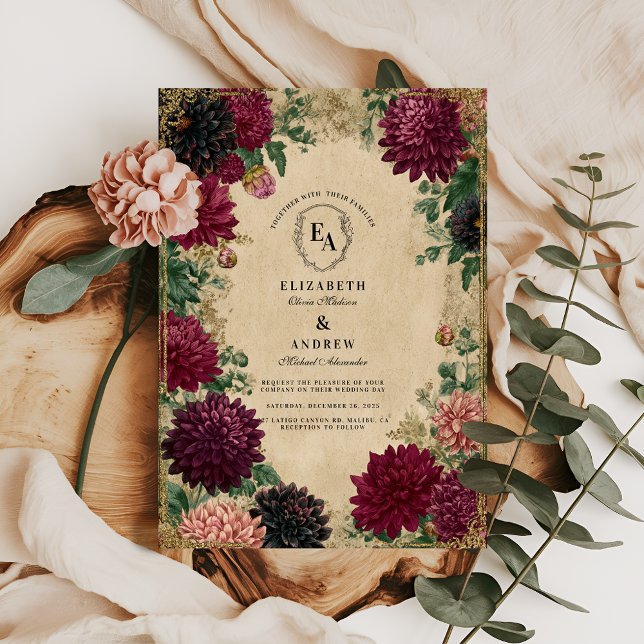 Regal Burgundy Dahlias mit Verziertem Goldrahmen Einladung (Von Creator hochgeladen)