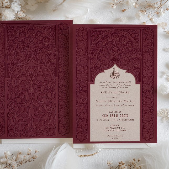 Regal Burgundy Lace Islamic Wedding Einladung (Von Creator hochgeladen)