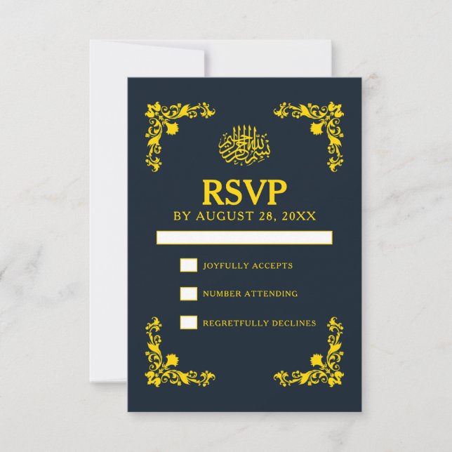 Regal Contrast Midnight Blue & Gold Wedding RSVP Karte (Vorderseite)
