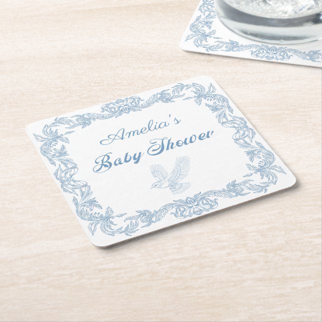 Regal Dusty Blue Baroque Frame Baby Dusche Rechteckiger Pappuntersetzer (angewinkelt)