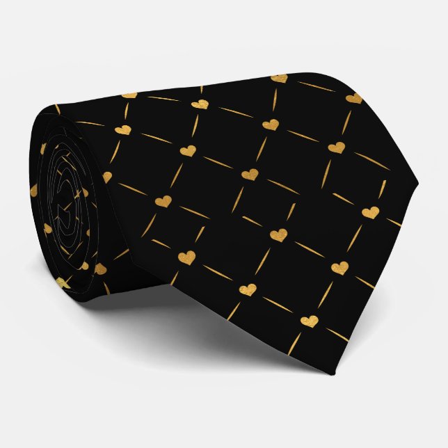 Regal Gold Heart Motif Black Cravate (Roulé)