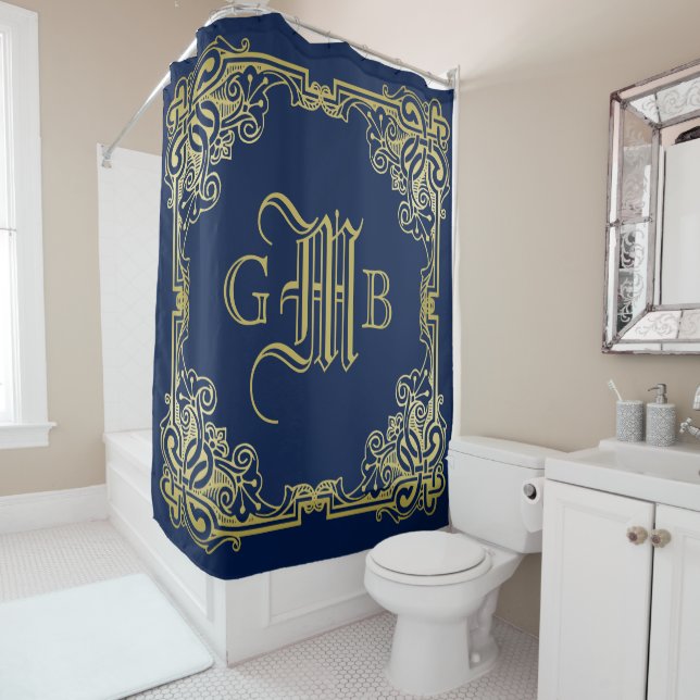 Regal Gold Monogram Wählen Sie Ihre Hintergrundfar Duschvorhang (Beispiel)