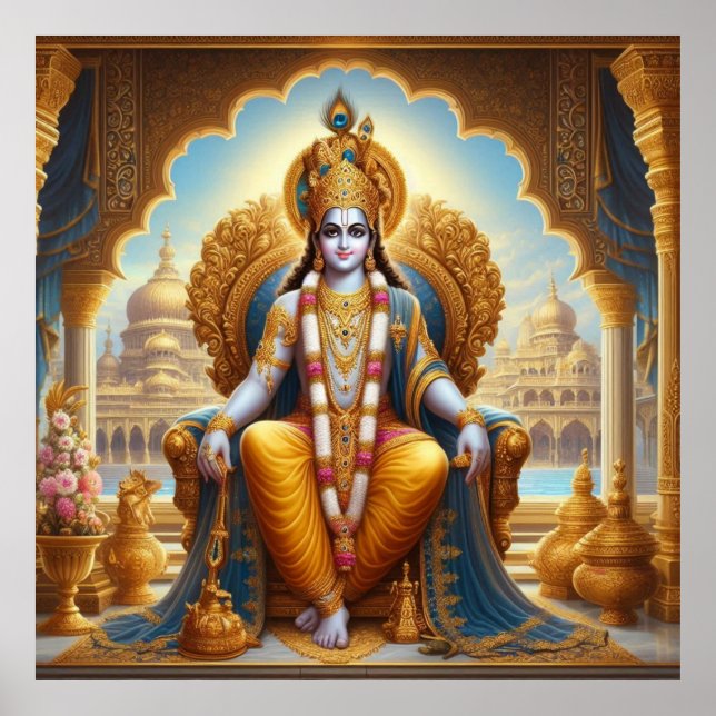 Regal Gold Verziert Krishna Dwarkkleesh Throne Art Poster (Vorne)