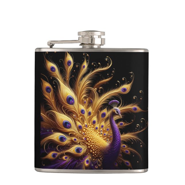 Regal Golden Peacock mit Lila Absturz Flachmann (Vorderseite)