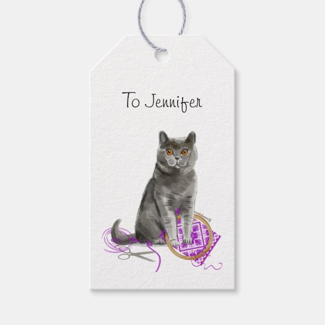 Regal Gray Cat Nähen Personalisiert Geschenkanhänger (Vorderseite)