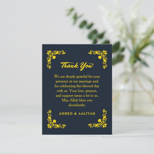 Regal Kontrast Mitternachtsblau und Gold Floral Ho Dankeskarte (Stehend Vorderseite)
