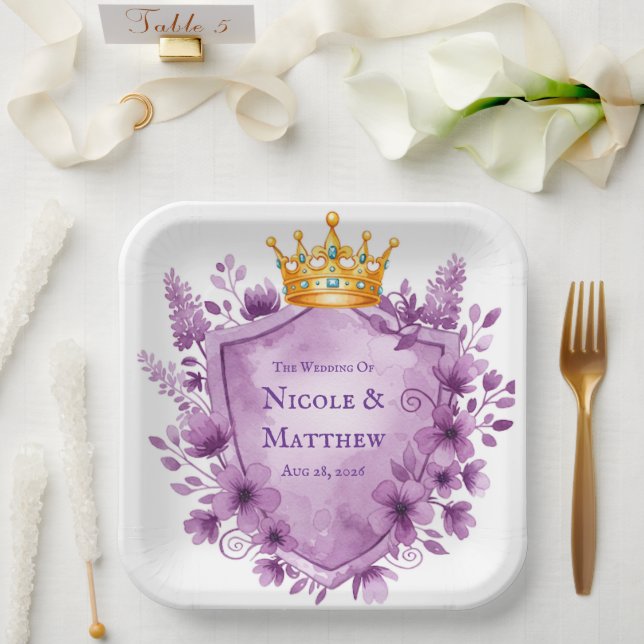 Regal Lila Floral Wappen Wedding Pappteller (Hochzeit)