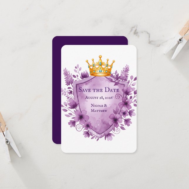 Regal Lila florales Wappen Hochzeit speichern Sie  (Vorderseite/Rückseite Beispiel)