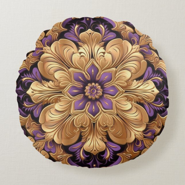 Regal Lila und Gold Floral Runde Pillow Rundes Kissen (Vorderseite)