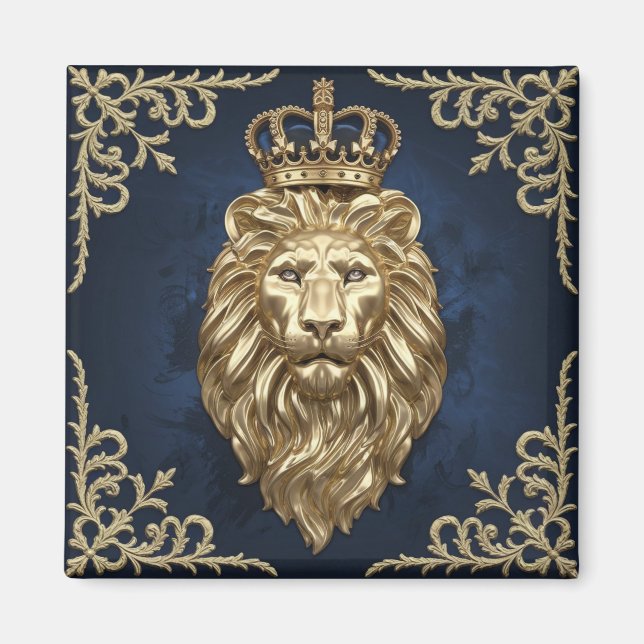 Regal Lion Design - Navy Blue & Gold Luxury Deco Magnet (Vorne)