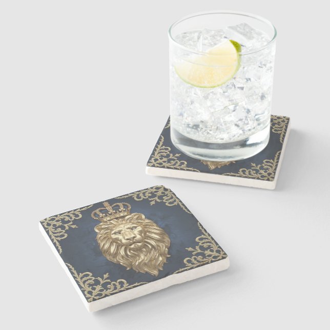 Regal Lion Design - Navy Blue & Gold Luxury Deco Steinuntersetzer (Seitenansicht)