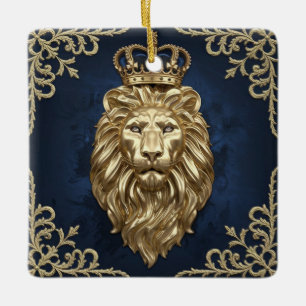 Regal Lion Design - Navy Blue & Gold Luxus Keramikornament