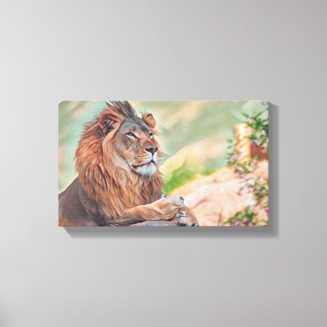 Regal Lion Sonnenbaden mit Blume Grafik Leinwanddruck (Vorderseite)