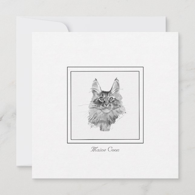Regal Maine Coon Cat in Schwarz und Weiß gezeichne Mitteilungskarte (Vorderseite)