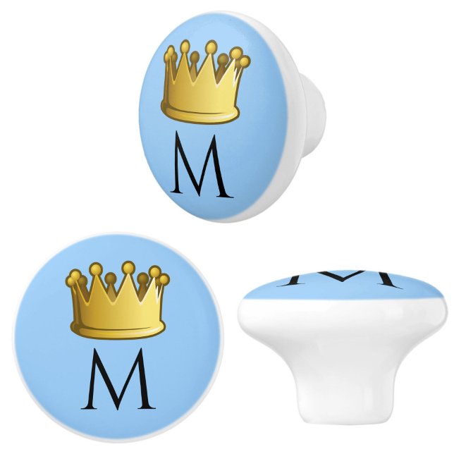 Regal Monogram Crown Powder Blue Keramikknauf (Add regal charm to your space with these baby blue monogram initial crown knobs!)