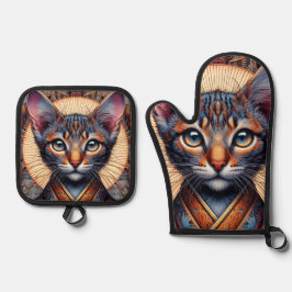 Regal Mythic verzierte Fantasy-Katze Ofenhandschuh & Topflappen-Set
