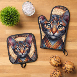 Regal Mythic verzierte Fantasy-Katze Ofenhandschuh & Topflappen-Set